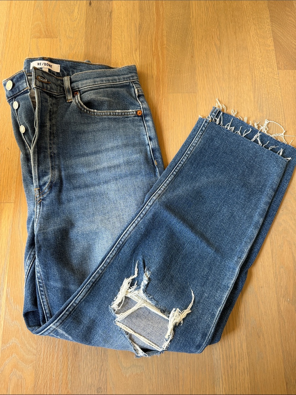 Re/Done Distressed Straight-Leg Jeans in Medium Blue